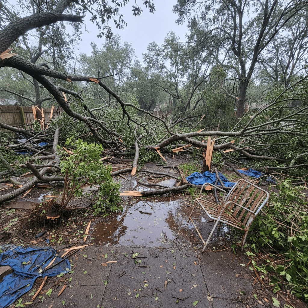 Fallen branches and debris scattered after a storm