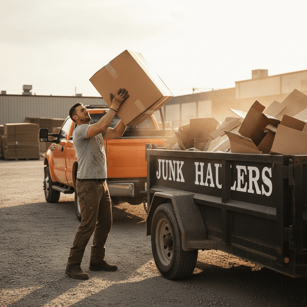Worker hauling junk into a dump trailer