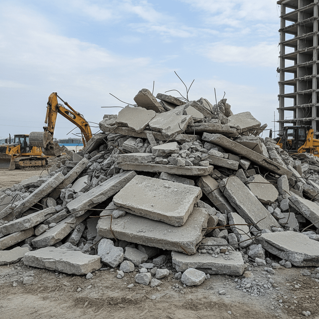 Broken concrete rubble pile on a construction site