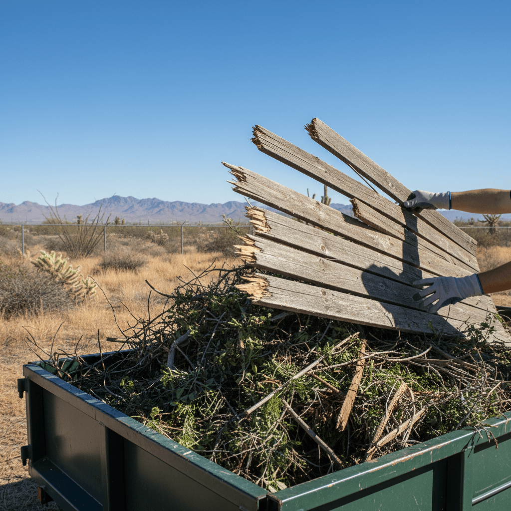 Worker adding broken fence panel to a dump trailer pile