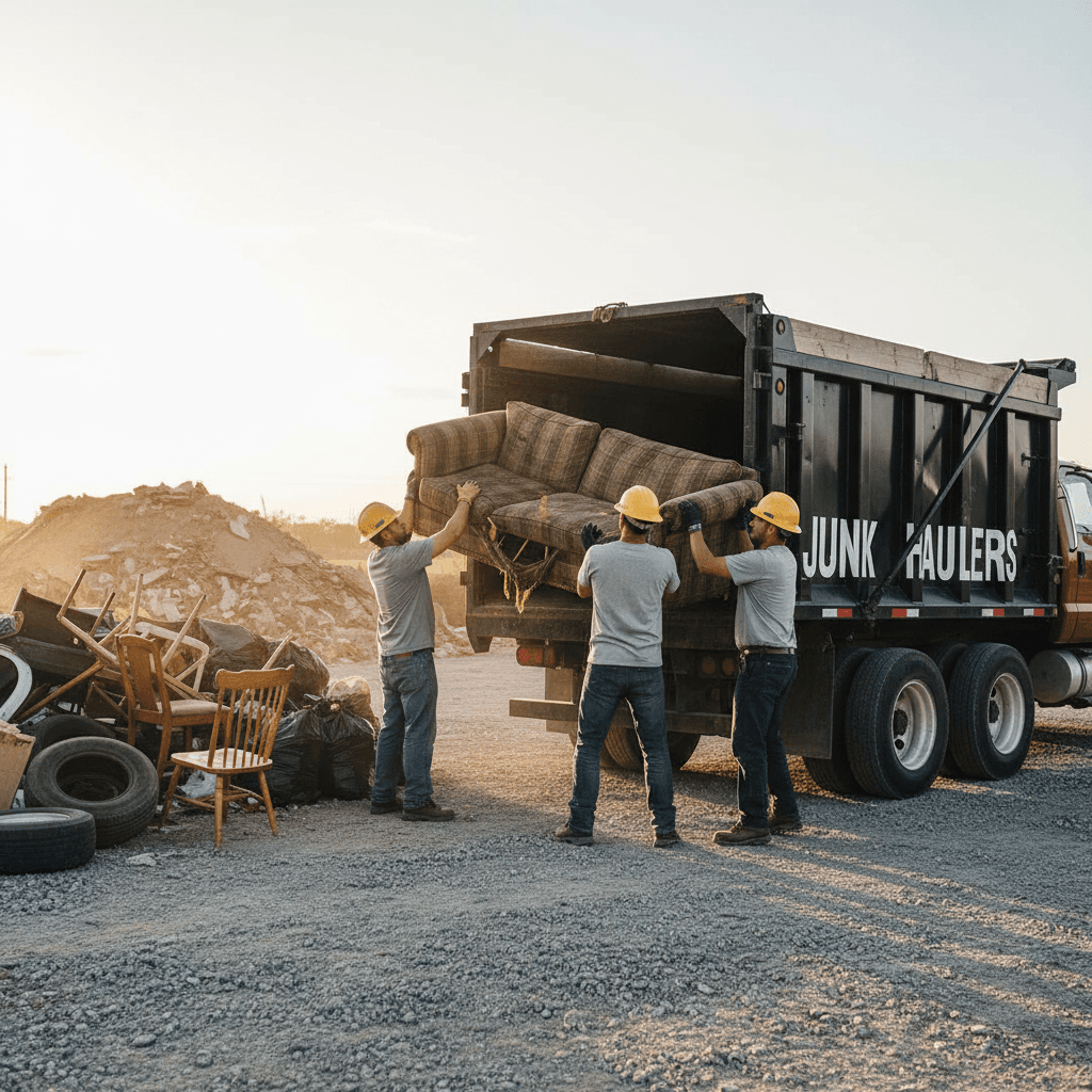 Workers loading an old sofa into a large dump trailer