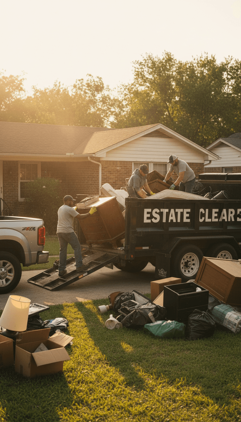 Workers loading items into a dump trailer during an estate cleanout