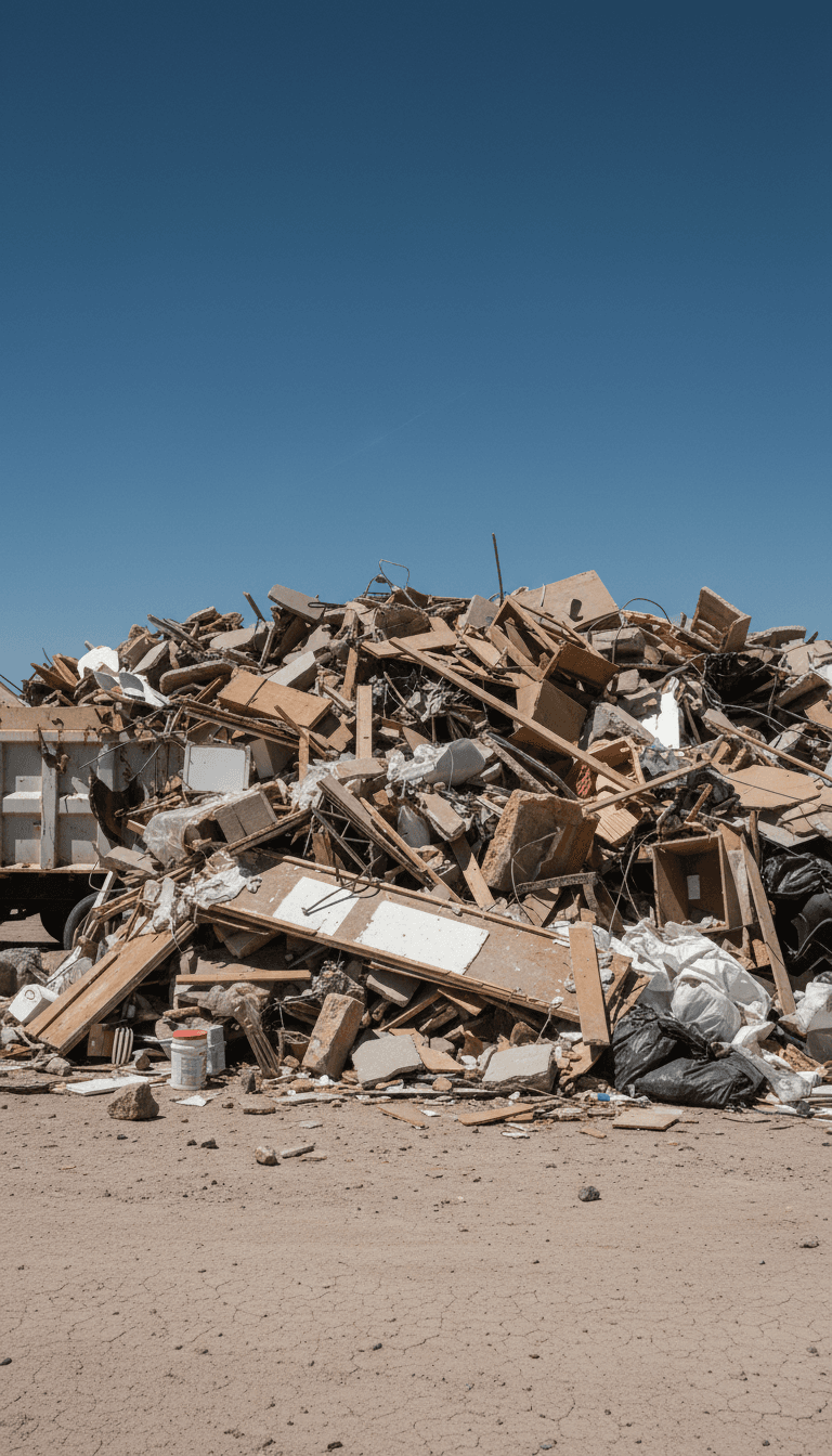 Dump trailer loaded with construction debris and junk