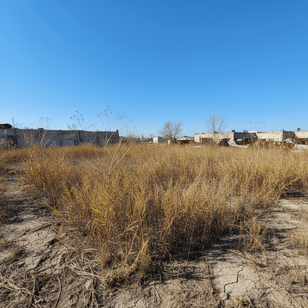Overgrown vacant lot with dry brush and weeds