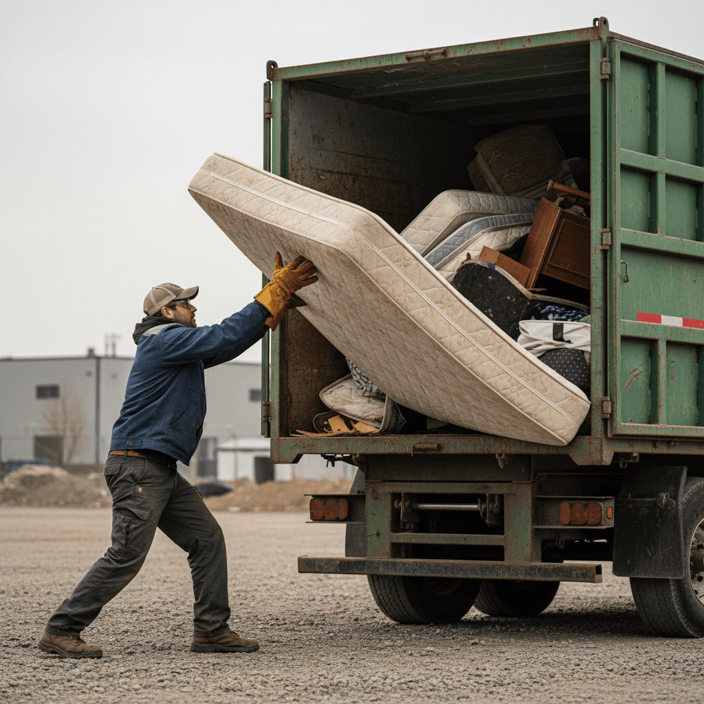 Worker tossing a mattress into a dump trailer