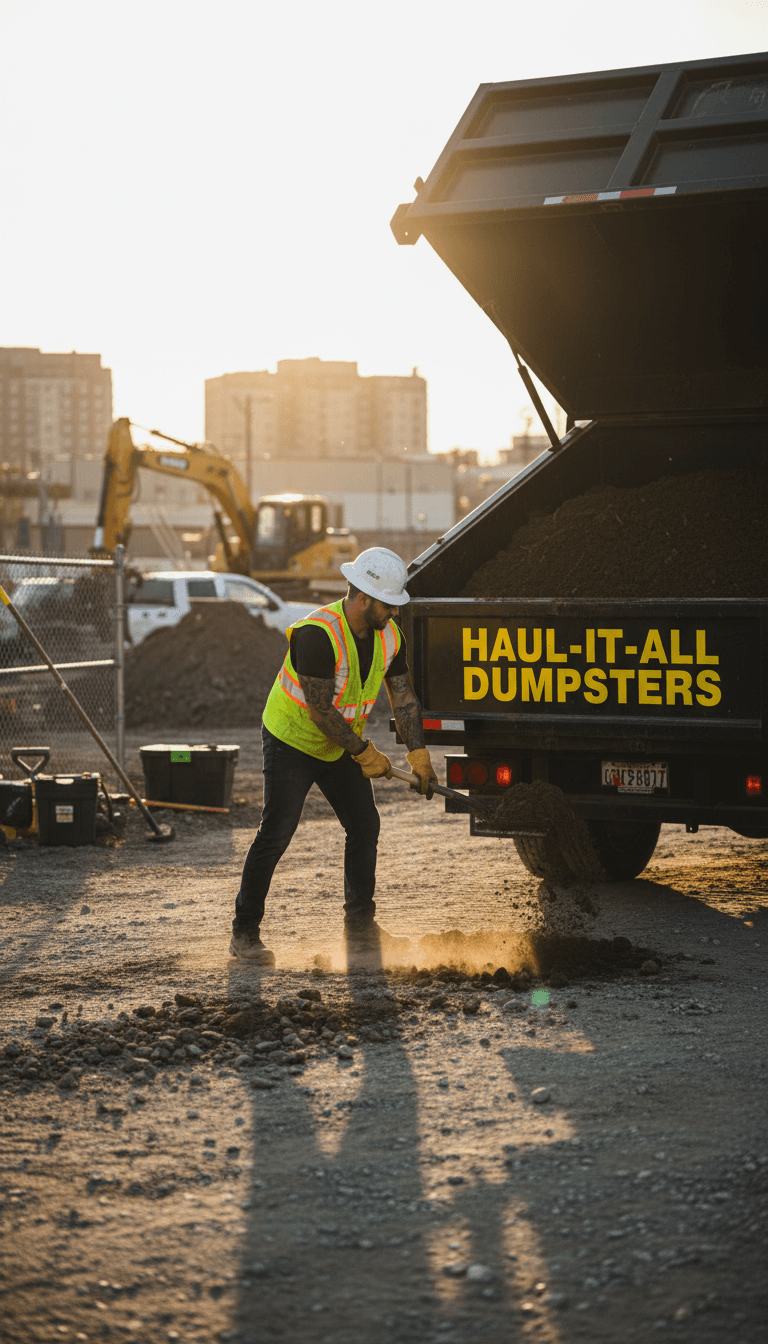 Worker loading dirt into a dump trailer with a shovel