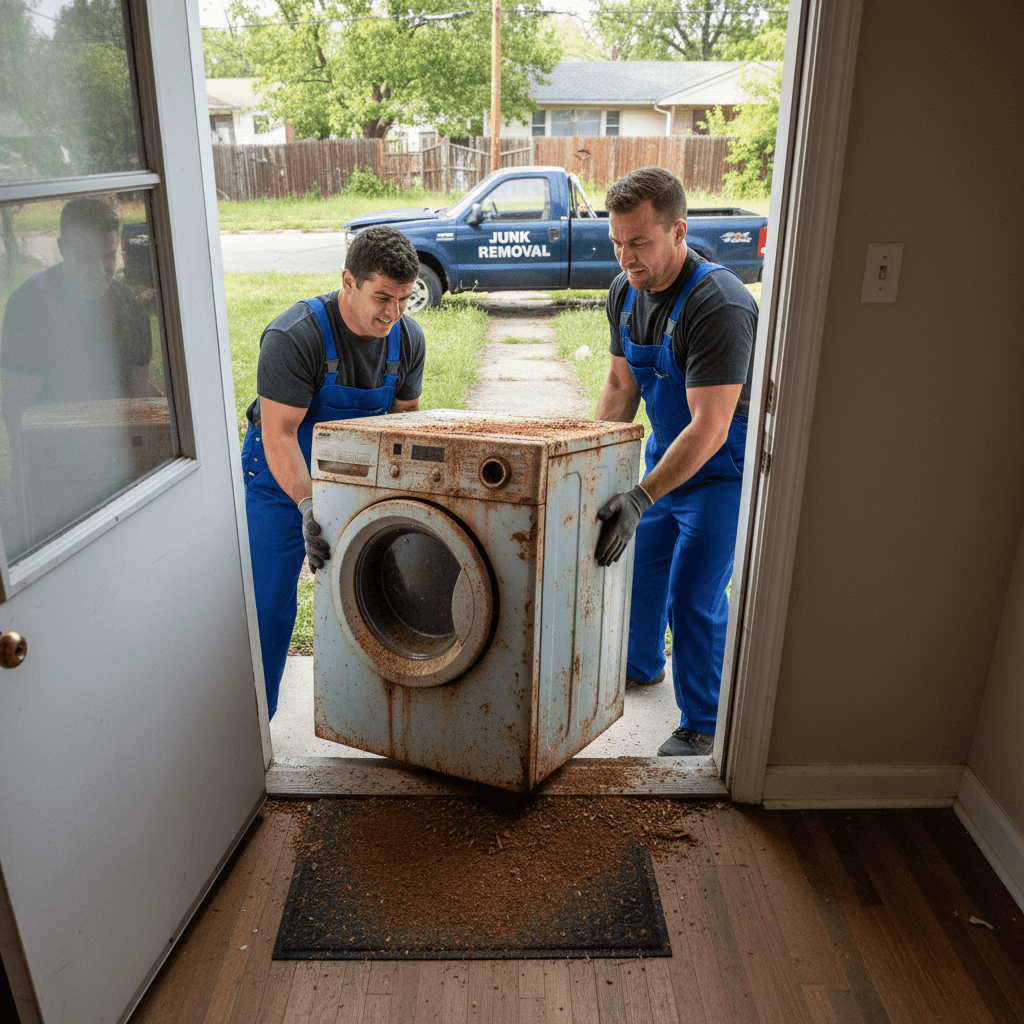 Rusty washing machine being carried out of a house