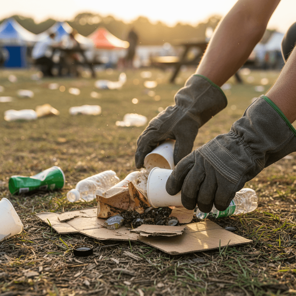 Workers in gloves clearing debris from outdoor festival grounds