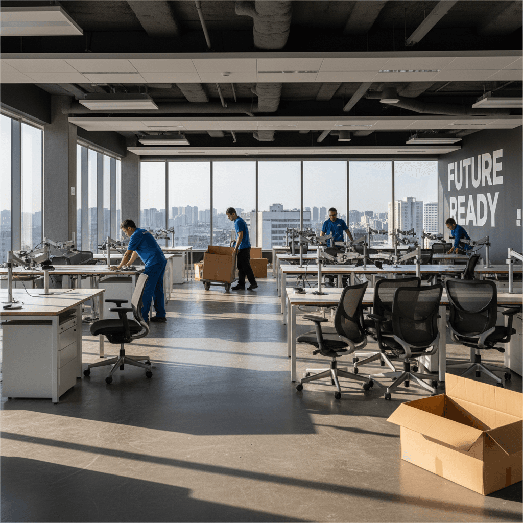 Commercial office space with empty desks and chairs being cleared out