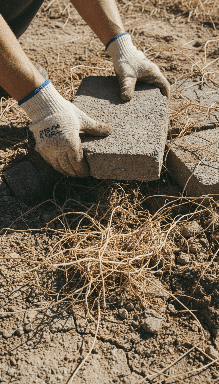 Worker hands lifting old pavers and debris from dry Coachella Valley soil