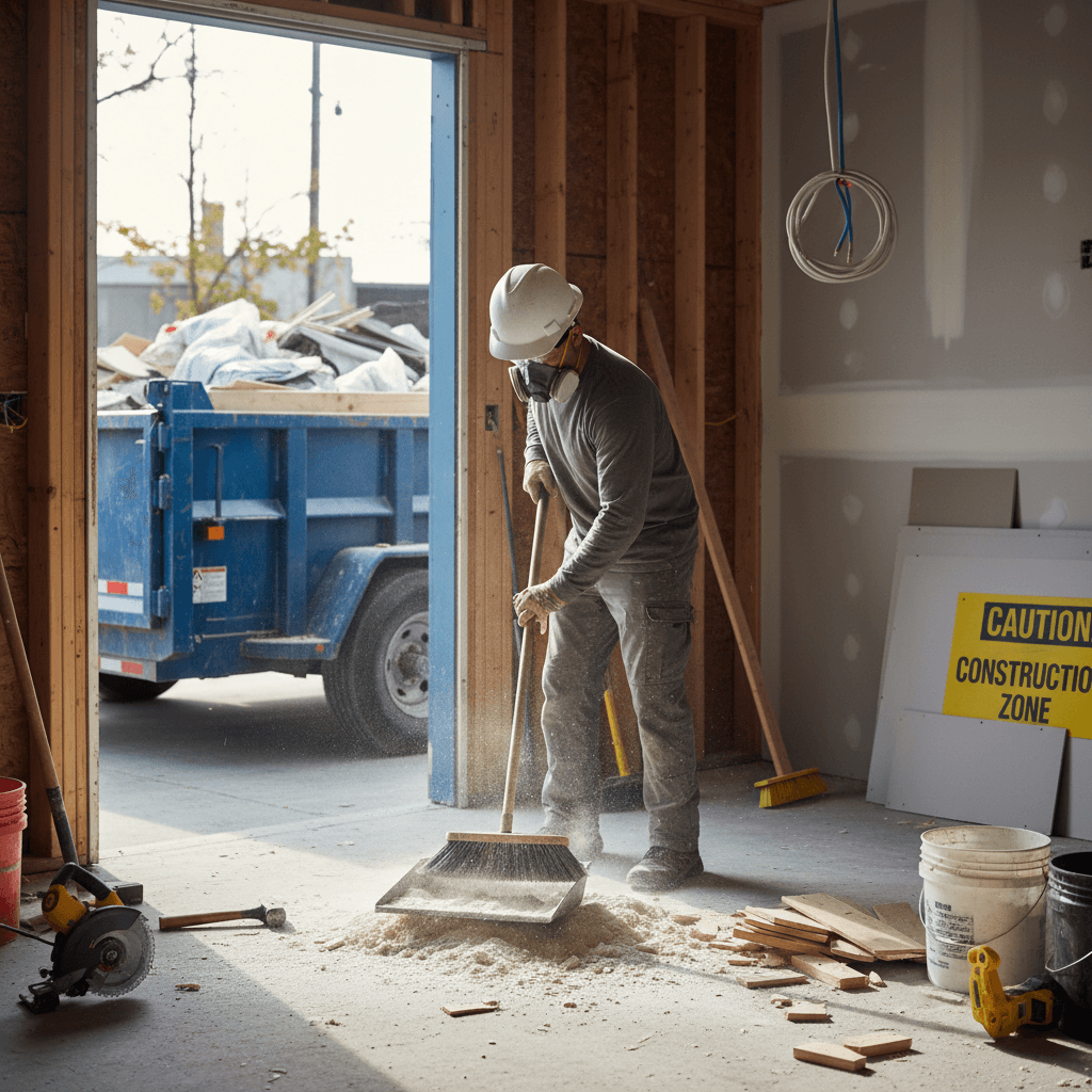 Worker sweeping construction debris into a dustpan