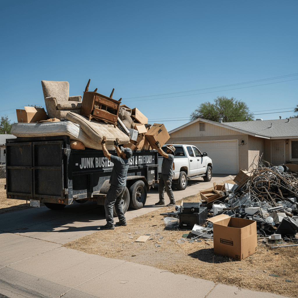 Crew loading a dump trailer with old furniture and boxes