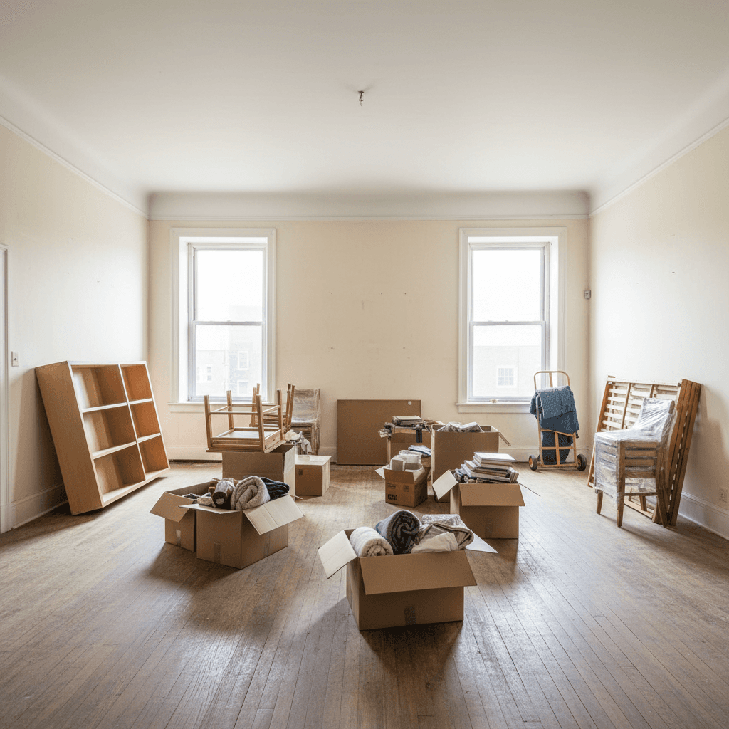 Almost empty living room with a few boxes and an old sofa ready for hauling