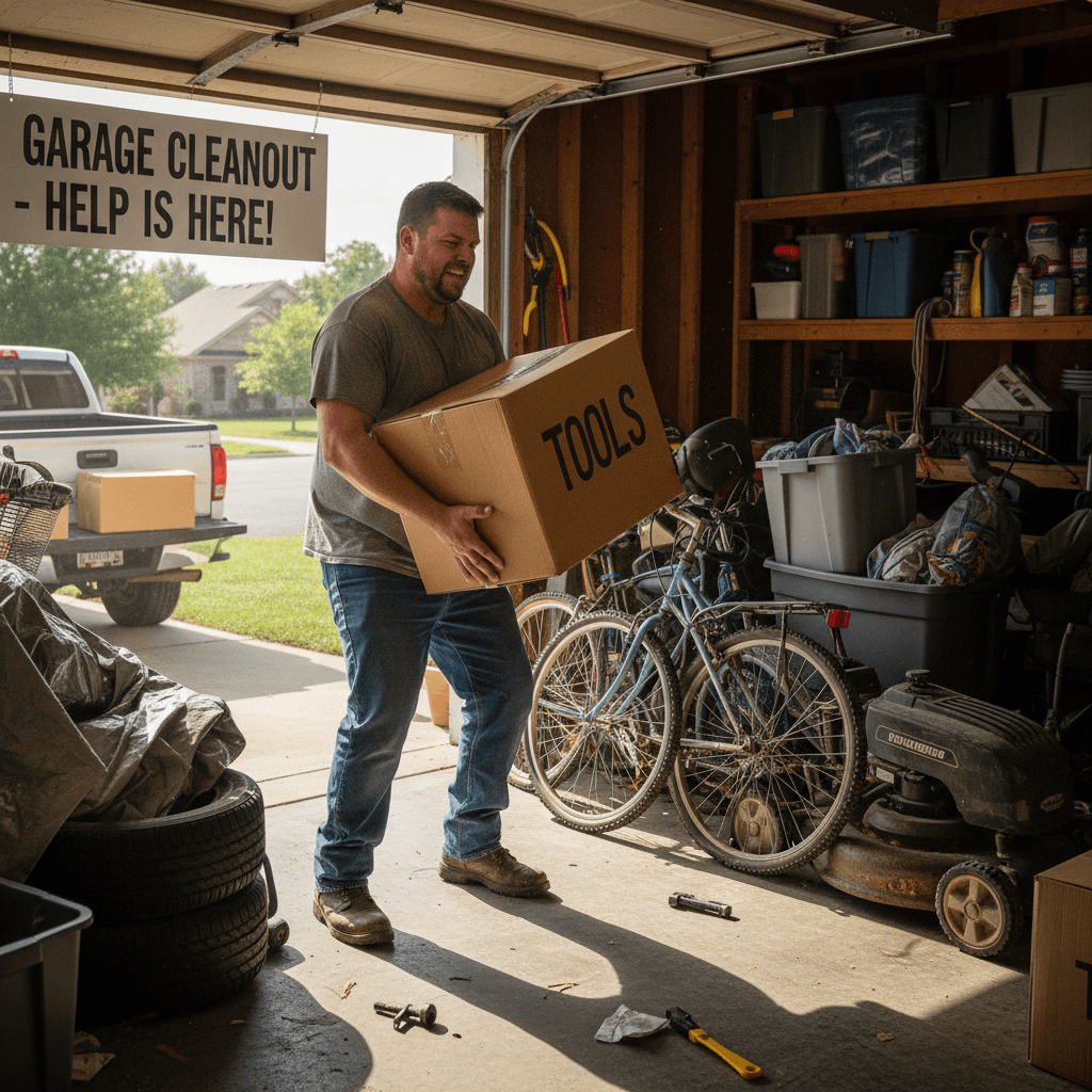 Worker carrying a heavy box out of a cluttered garage
