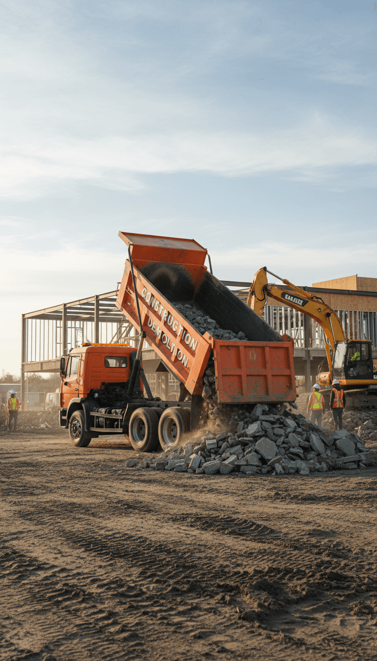 Dump truck hauling construction waste at a commercial job site