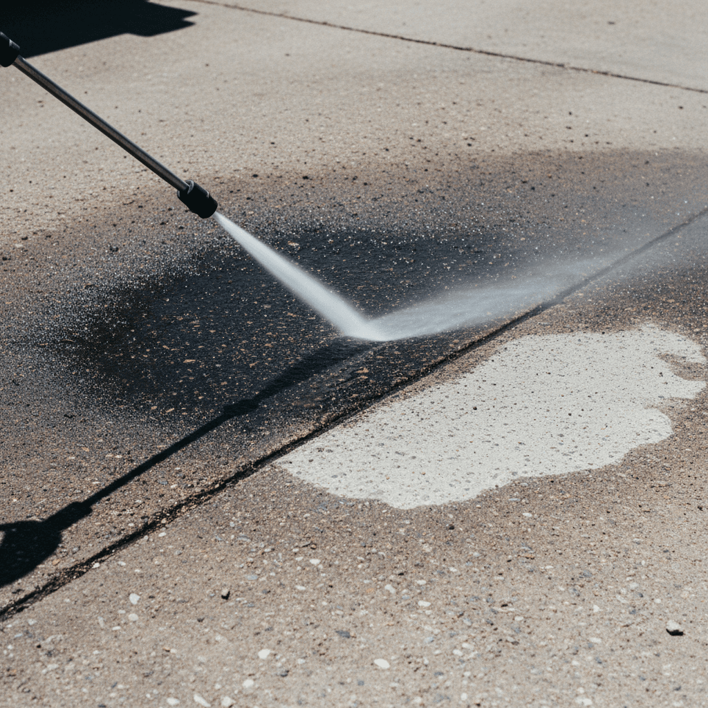 Pressure washer stream cutting through an oil stain on a concrete driveway