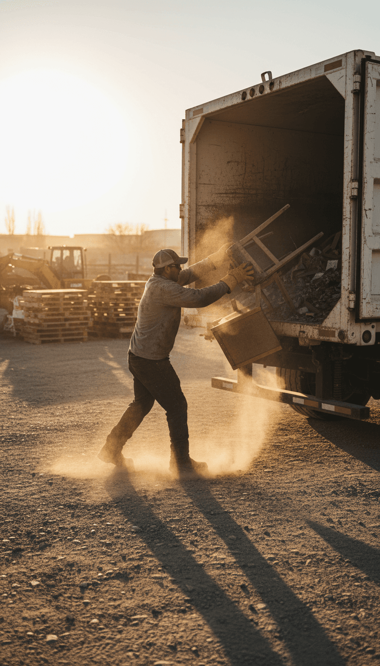 Worker loading broken chair into dump trailer during junk hauling