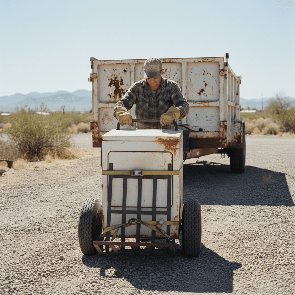 Worker moving a washing machine on a hand truck down a driveway