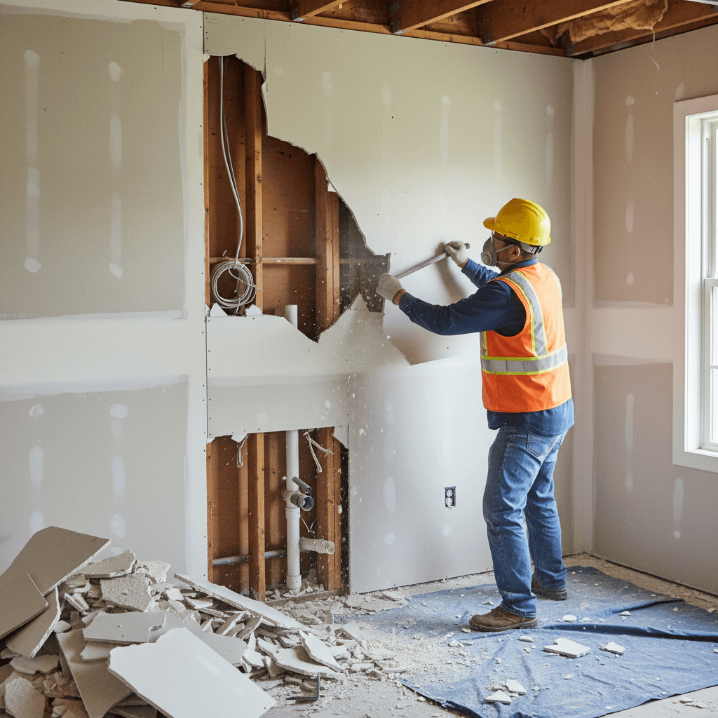 Worker removing drywall from an interior wall