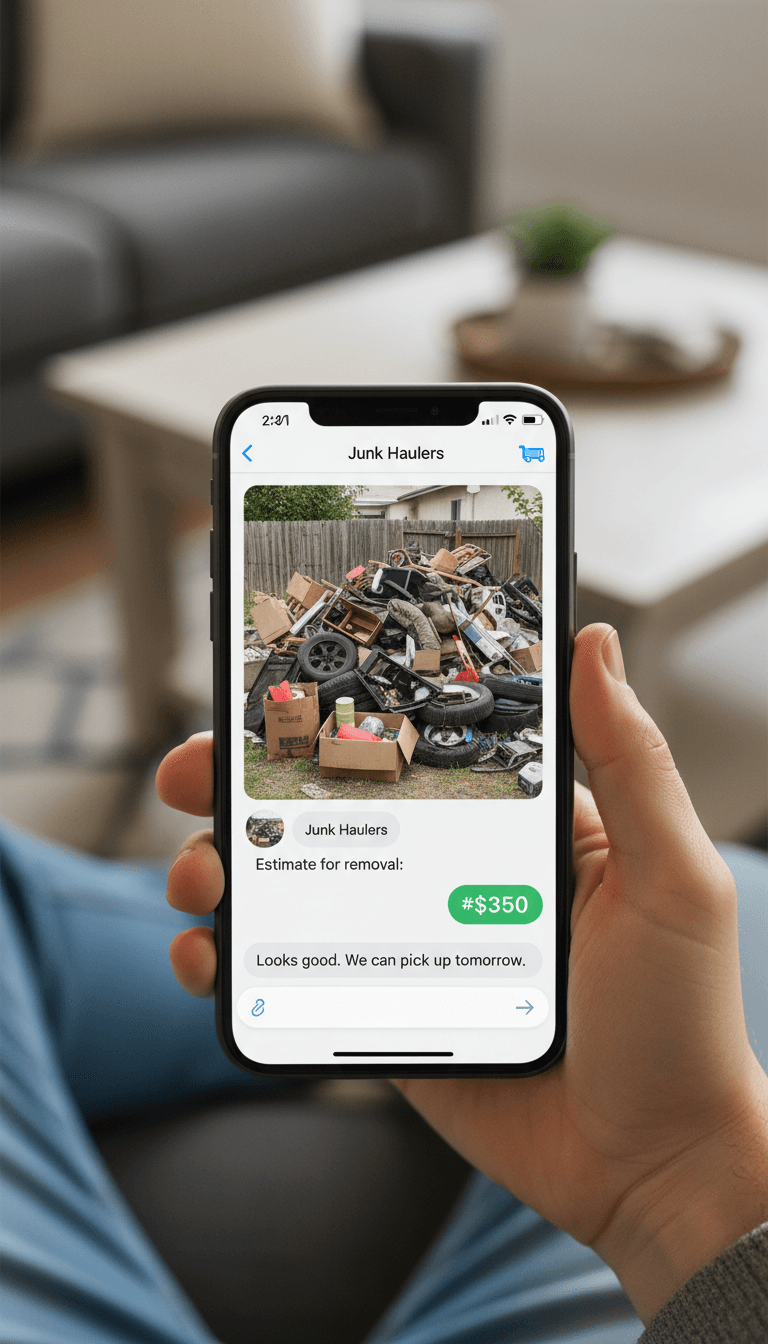 Hands holding a smartphone showing a text message conversation with a photo of a pile of junk and a price quote