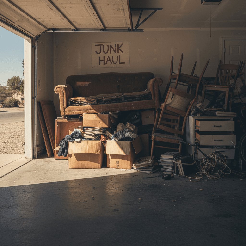 Pile of old furniture and boxes in a garage ready for junk removal