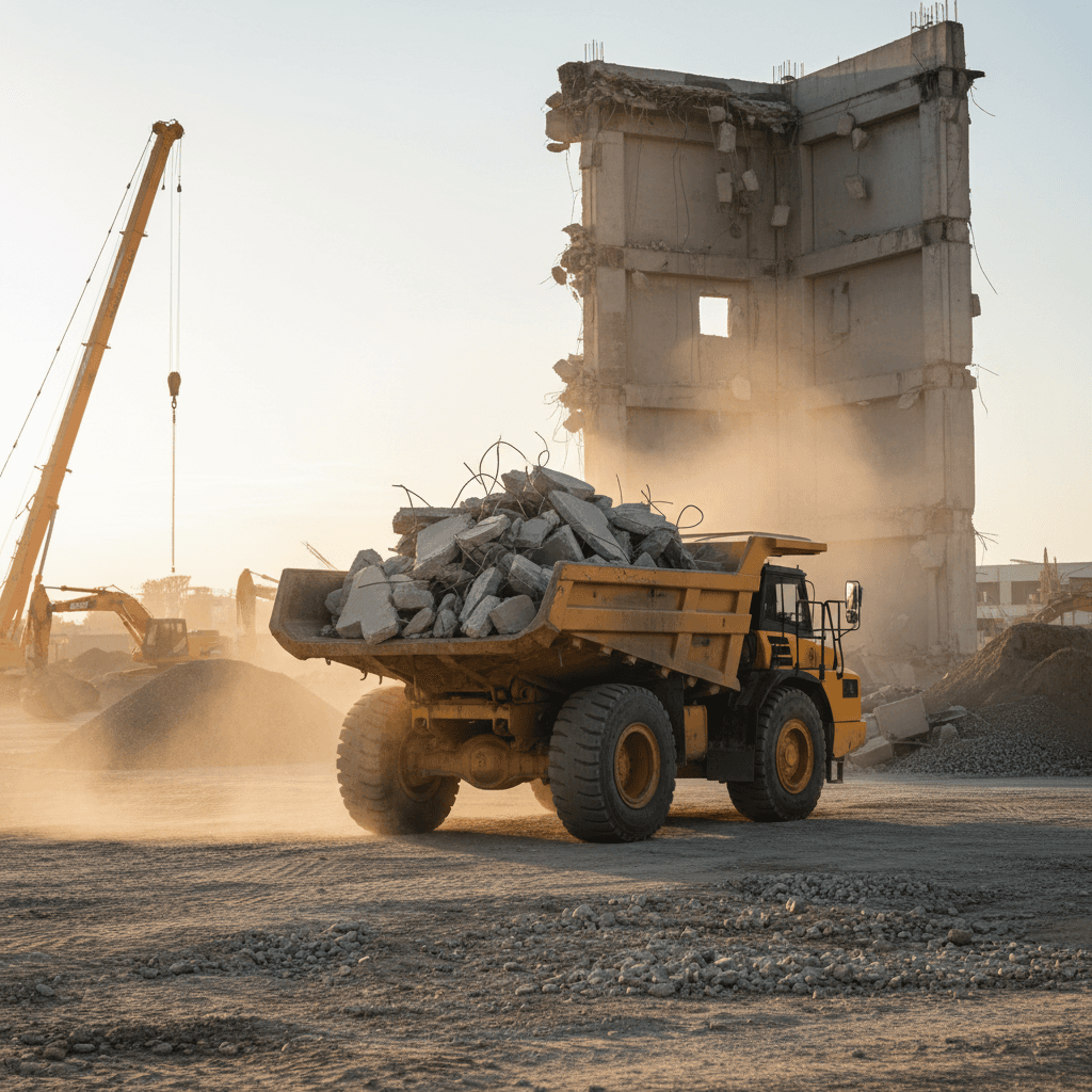 Dump truck loaded with broken concrete rubble