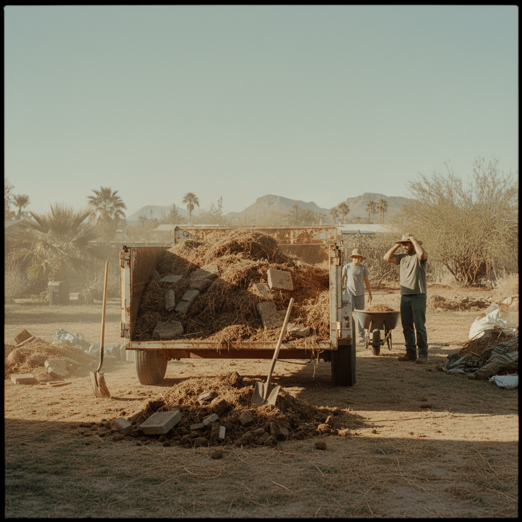 Dump trailer stacked with old sod and pavers during a desert landscape remodel