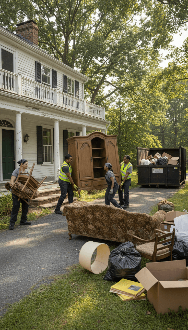 Crew carrying old furniture out of a home during a haul