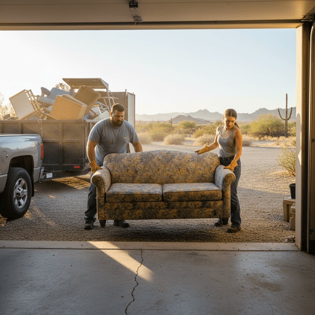 Workers carrying a sofa out of a garage toward a dump trailer