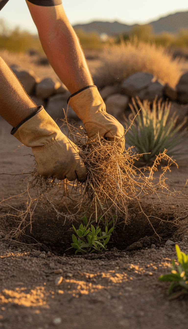 Hands clearing dry weeds from a garden bed