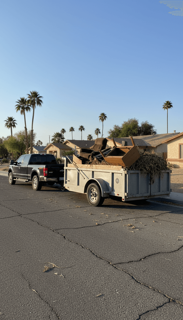Full dump trailer ready for haul-off in a Thousand Palms neighborhood
