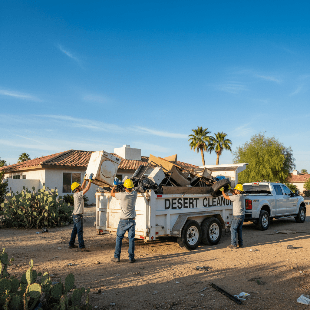 Workers loading junk into a dump trailer at a property in Palm Desert