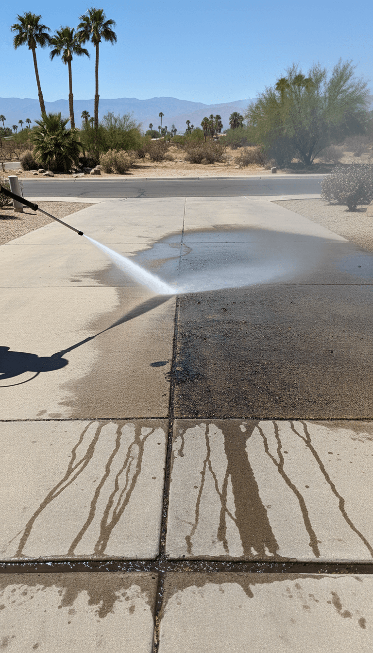 Clean and dirty concrete driveway sections showing contrast