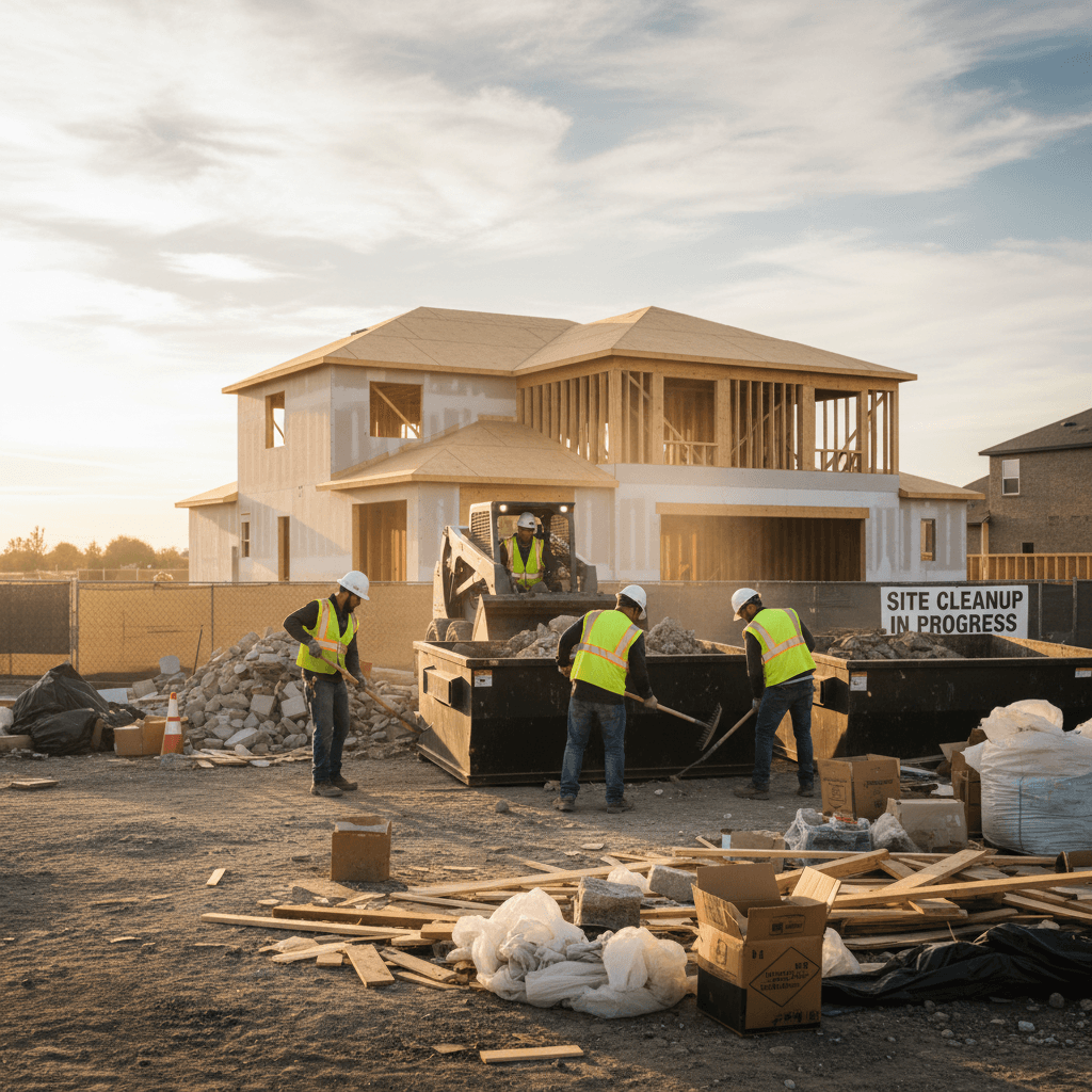 Worker picking up debris on a residential construction site
