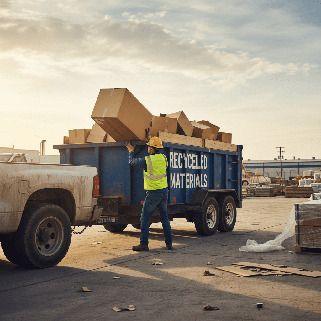 Worker loading a dump trailer with junk and debris