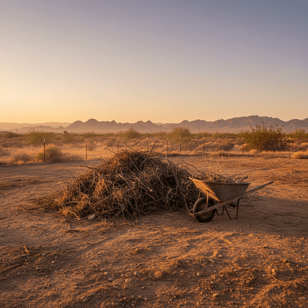 Pile of cleared brush in a yard with a wheelbarrow