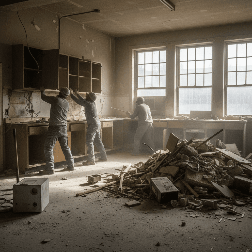 Crew removing old kitchen cabinets during demolition