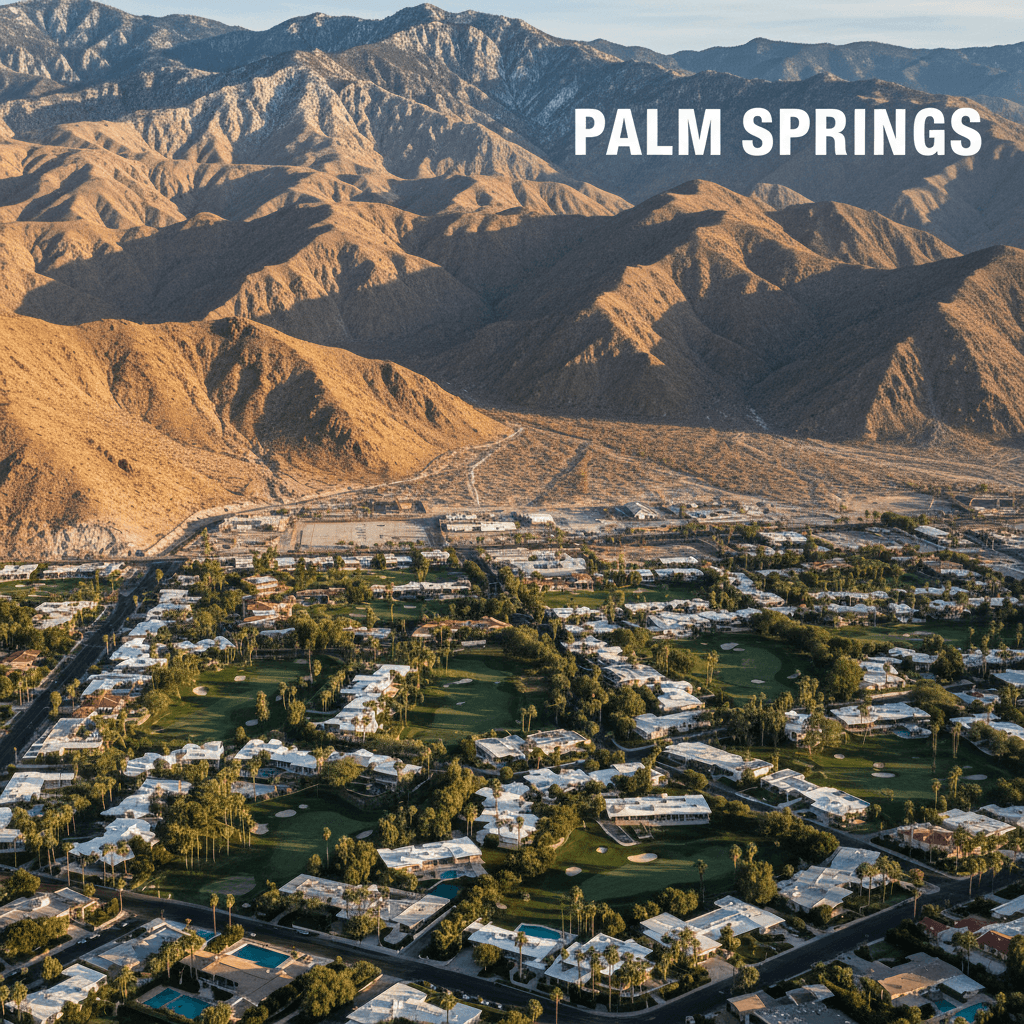 Aerial view of Palm Springs desert and mountains
