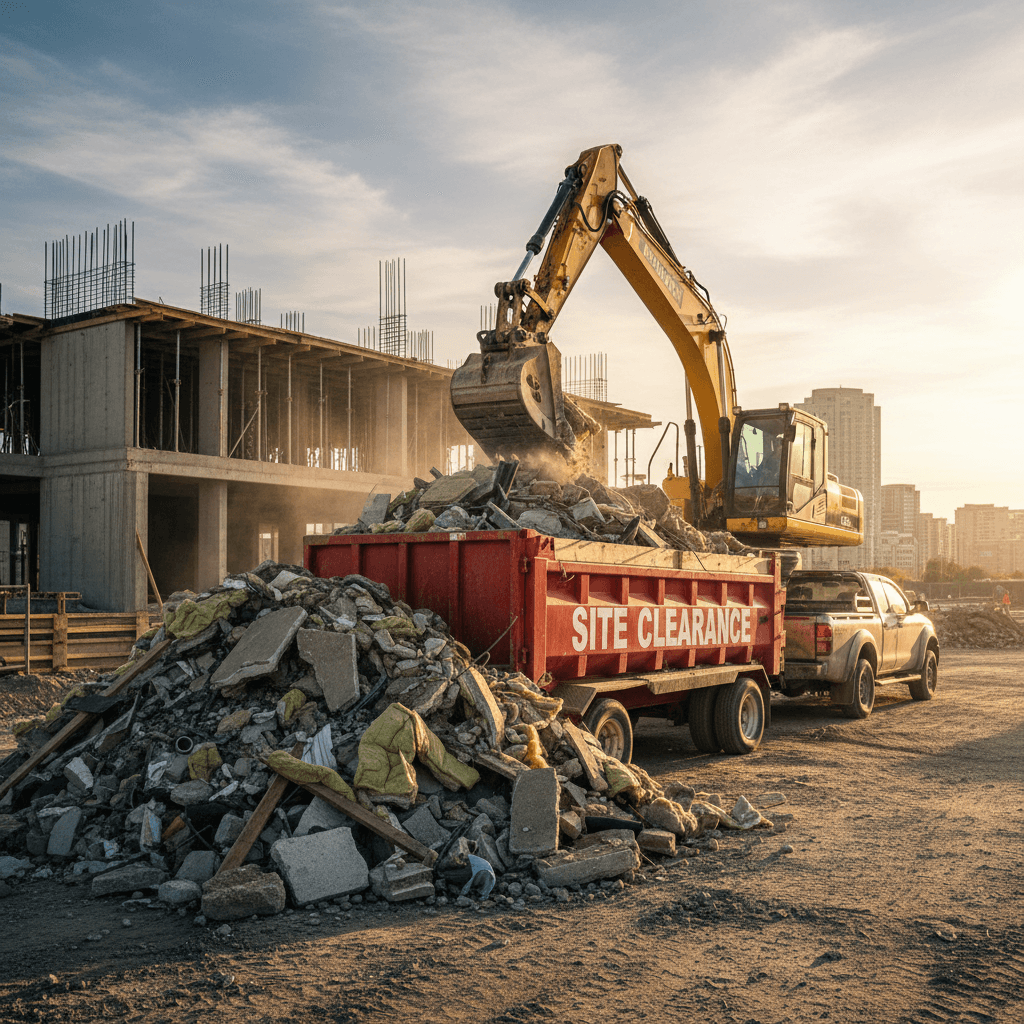Worker loading demolition debris into a dump trailer on a jobsite