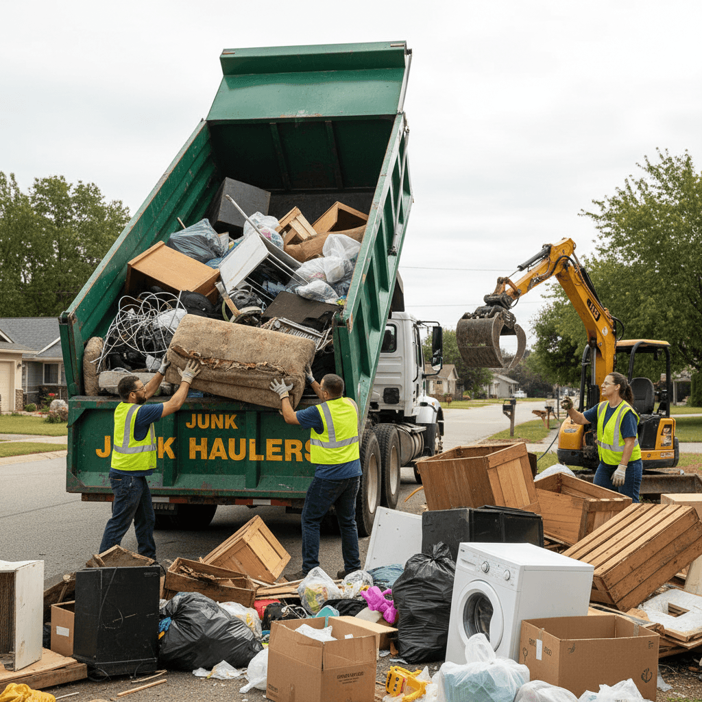 Crew loading mixed household junk into a dump truck