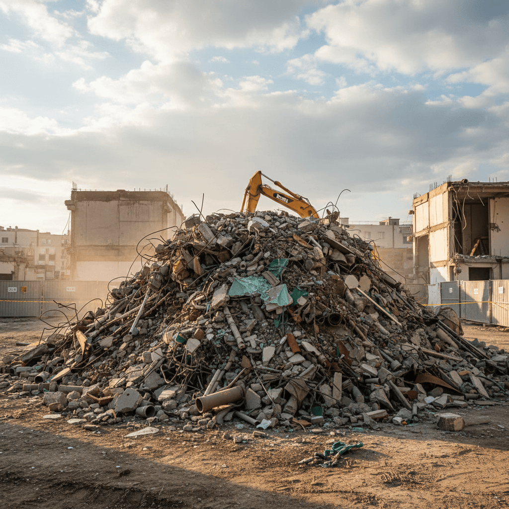 Pile of construction debris and rubble after a demolition