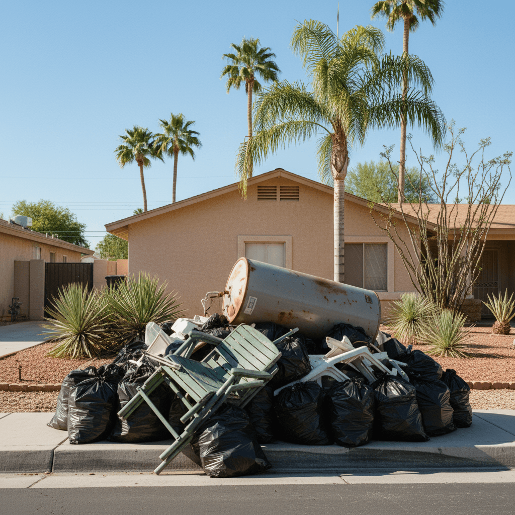 Trash bags and an old water heater on a curb