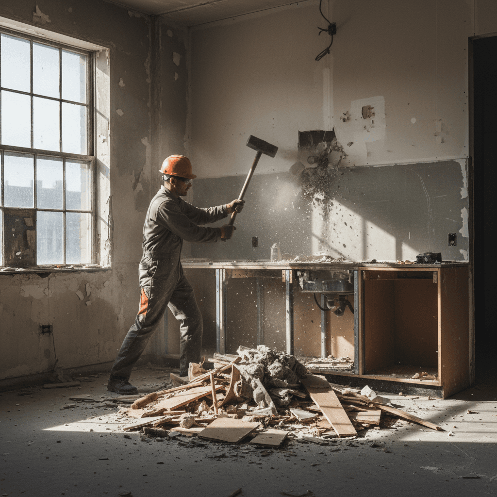 Demolition crew member breaking drywall with a sledgehammer in a kitchen