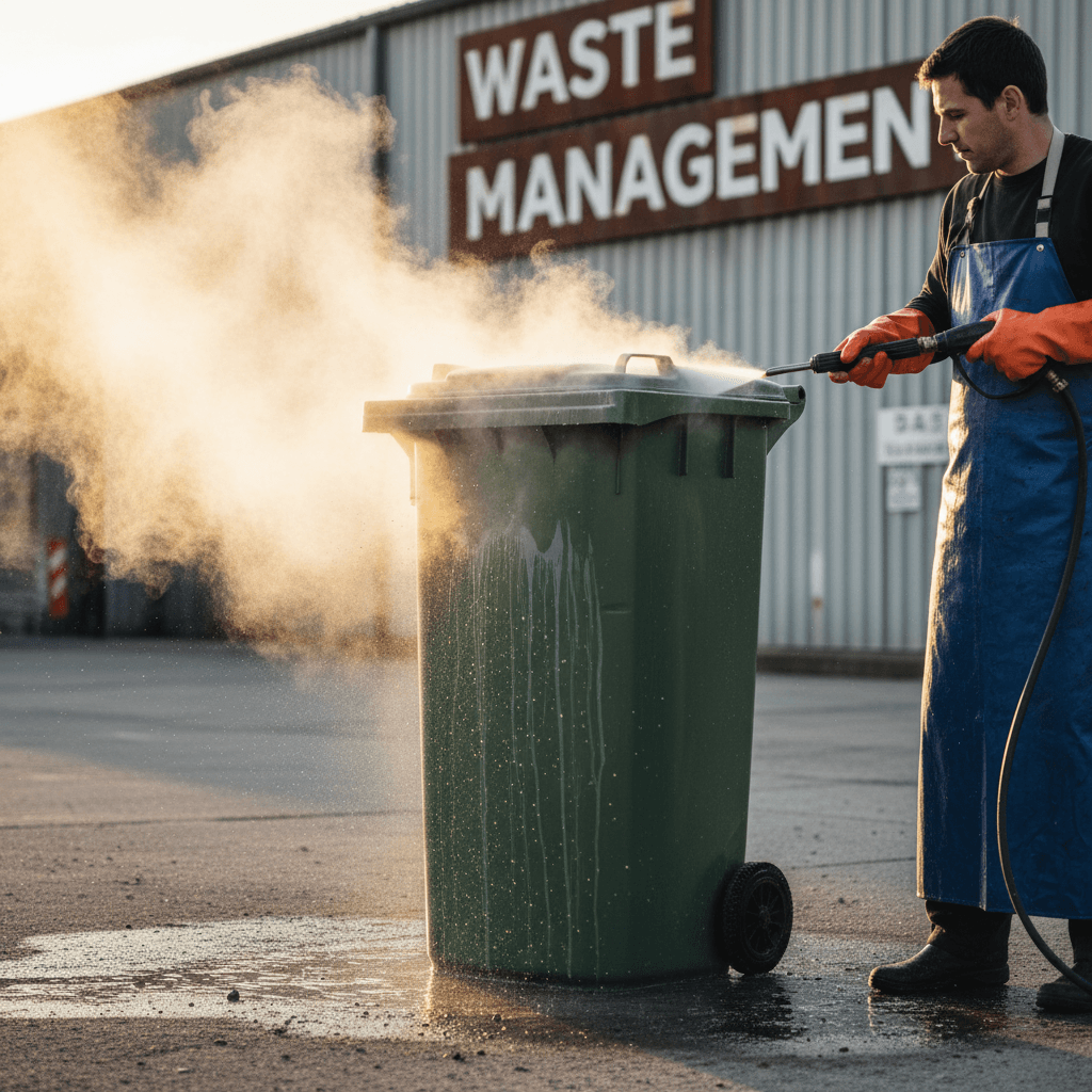 Worker pressure washing a large trash bin with steam spray