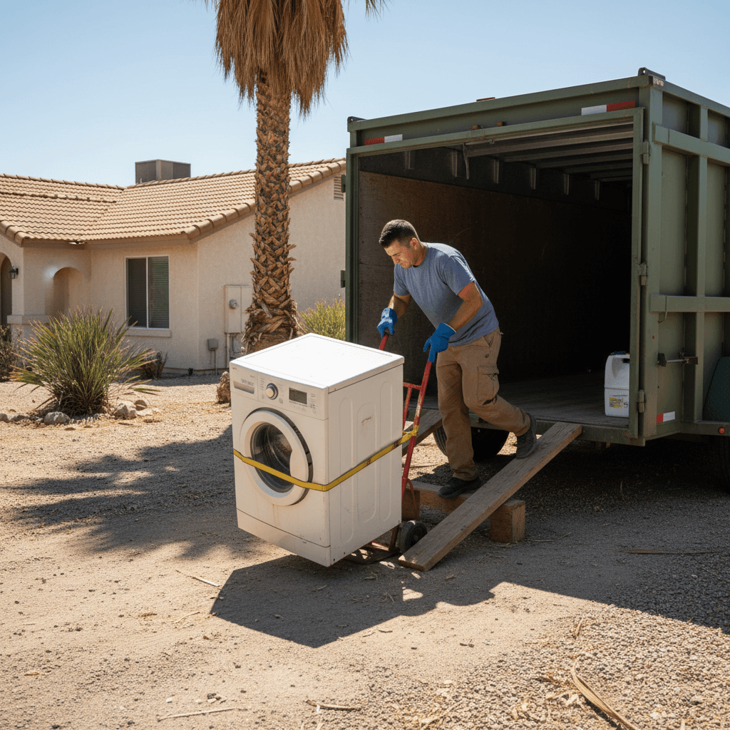 Worker wheeling an old washing machine on a hand truck