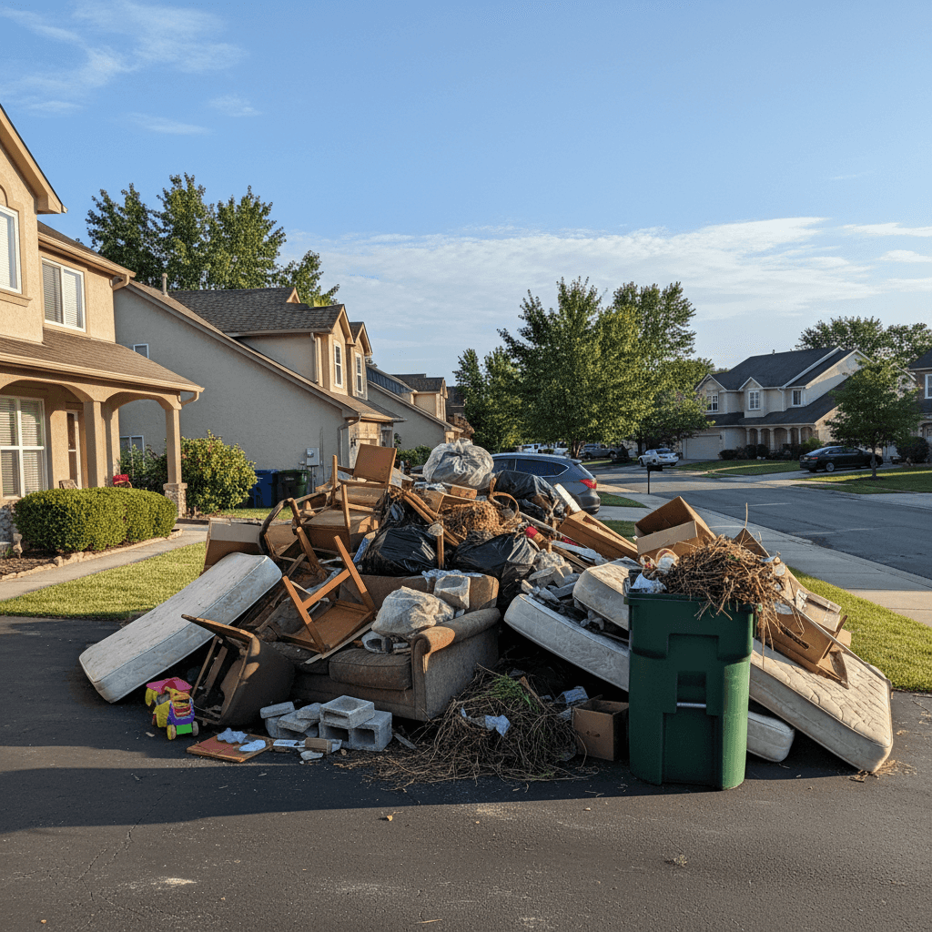 Pile of household junk and debris on a La Quinta driveway