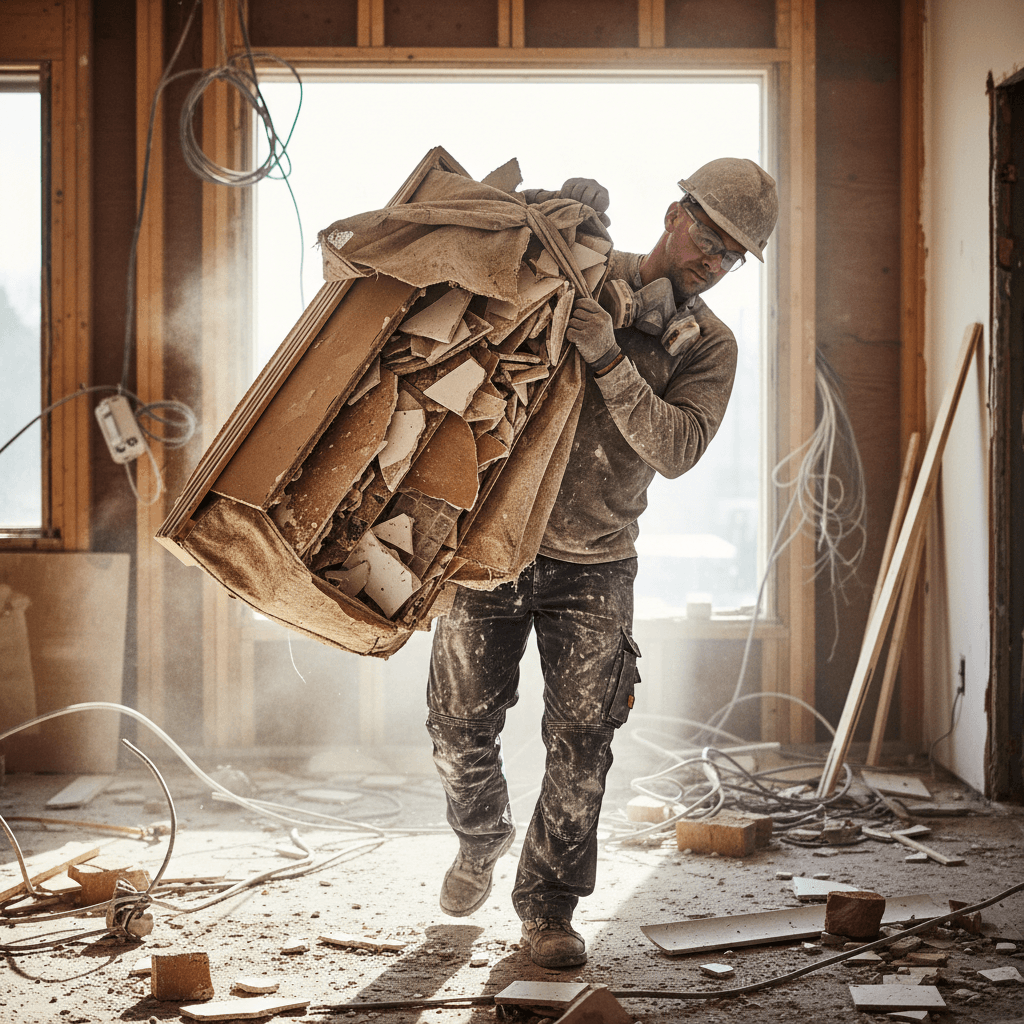 Worker carrying torn-out drywall and tile debris from a demolition site