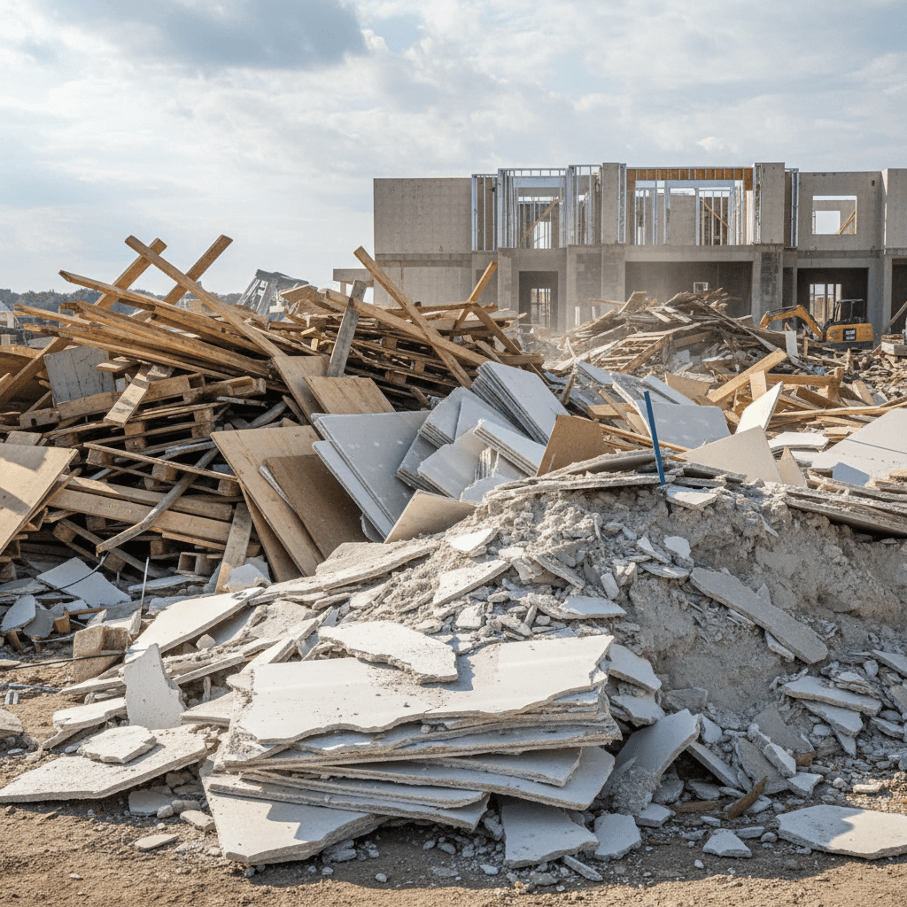 Construction site with piles of drywall and lumber debris