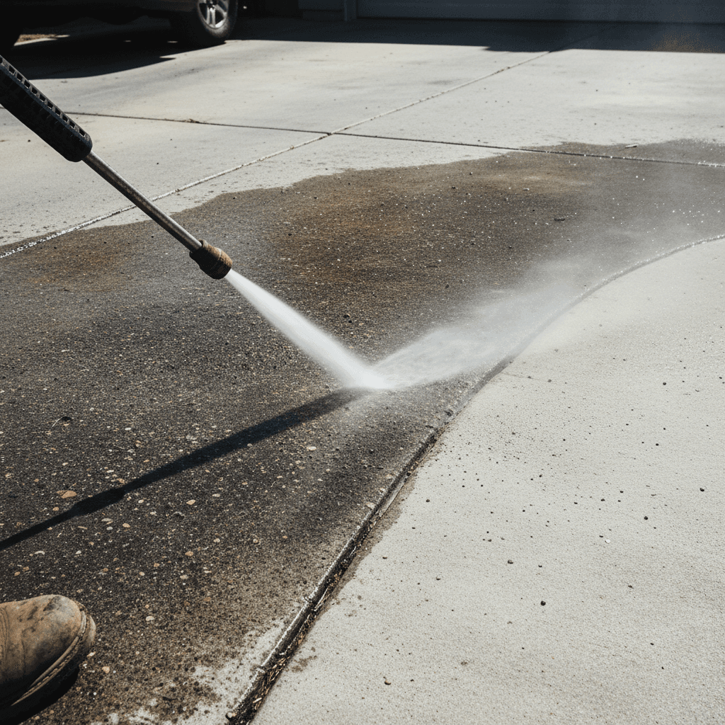 High-pressure washer cleaning a stained concrete driveway