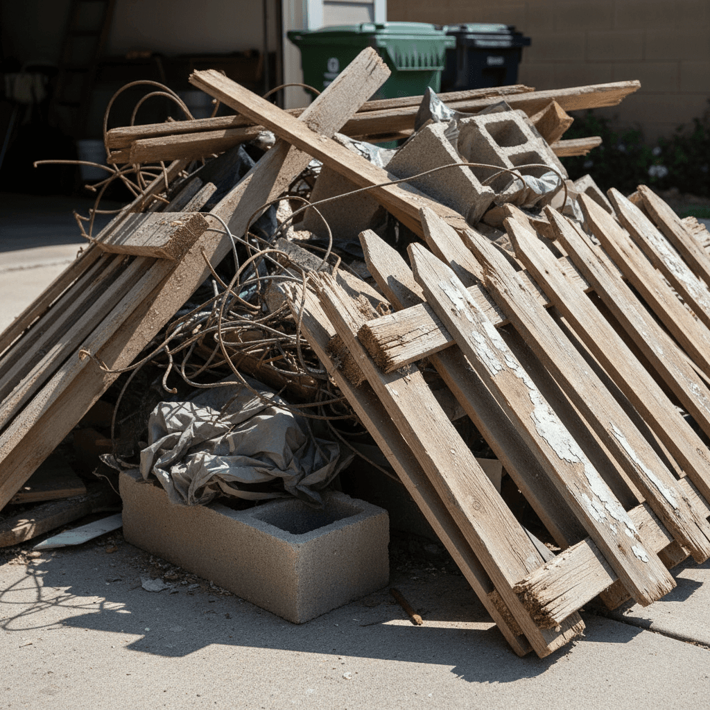 Pile of old lumber and construction debris in a driveway